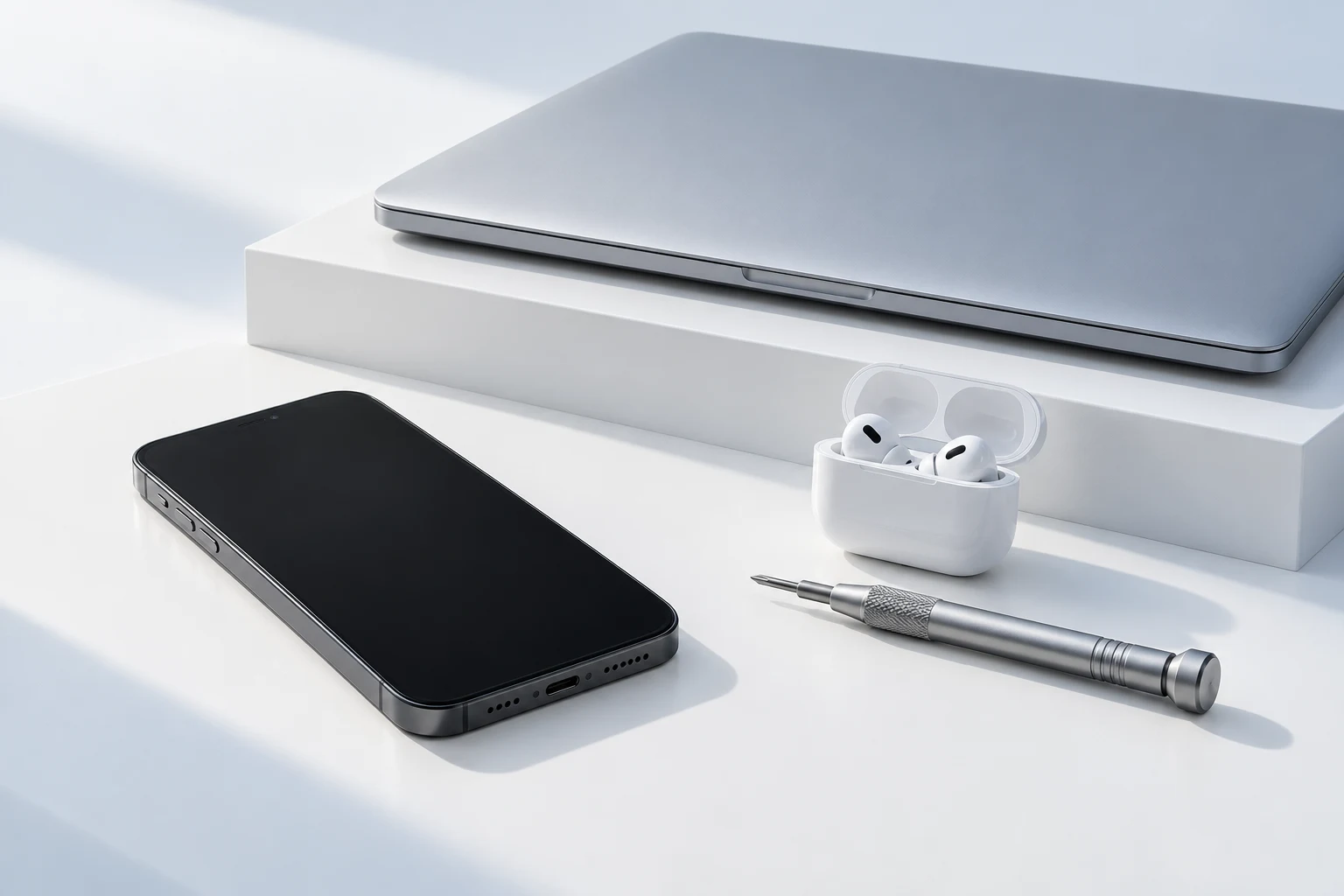 Concept image of a phone, laptop and earbuds on a white surface