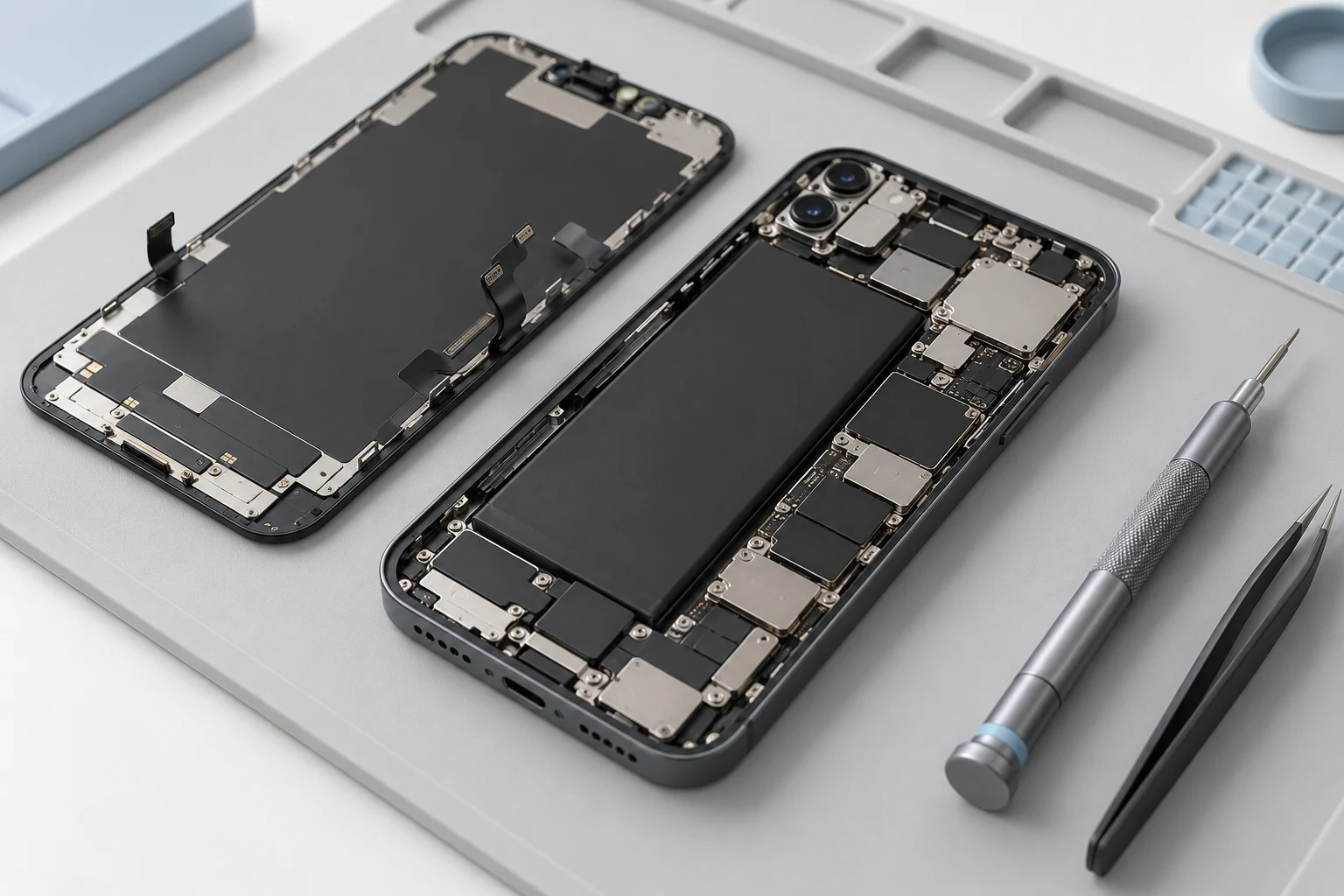 Concept image showing an opened phone and precision tools
